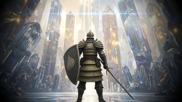Medieval knight standing in front city.