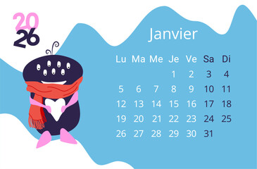Calendrier mensuel janvier 2026 avec un monstre qui fait des boules de neige en forme de coeur. Illustration amusante et d&eacute;cal&eacute; pour un hiver chaleureux