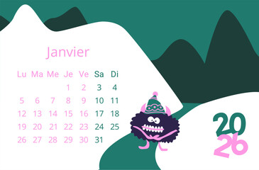 Calendrier avec un petit monstre rigolo qui porte un bonnet mais qui a froid dans la neige. Illustration pour un planning de Janvier 2026 avec un arri&egrave;re plan de montagnes dans les tons verts