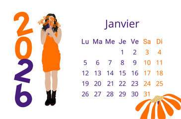 Janvier 2026 - calendrier mensuel en fran&ccedil;ais avec une illustration de femmes tenant un bouquet de marguerite devant son visage