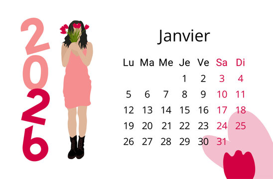 Planning en fran&ccedil;ais du mois de janvier 2026 avec une illustration de femme portant un bouquet de tulipe rouge. Parfait s'organiser, &agrave; utiliser en fond d'&eacute;cran ou &agrave; imprimer