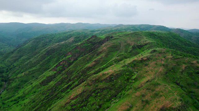 4K Aerial landscape of Aravalli hills covered by green trees as seen from Rayta in Udaipur, Rajasthan, India. Beautiful lush green Rayta hills during monsoon season. Environment and ecology concept.