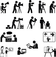 Film production icons set showing director camera operator cinematography editing broadcasting studio workflow media creation vector illustration collection professional silhouettes