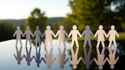 A line of paper cutout people holding hands together on a reflective surface