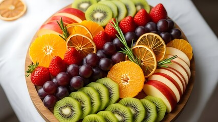 Fresh fruit platter with sliced apples, kiwis, oranges, grapes, and strawberries, arranged on a wooden plate with rosemary garnish