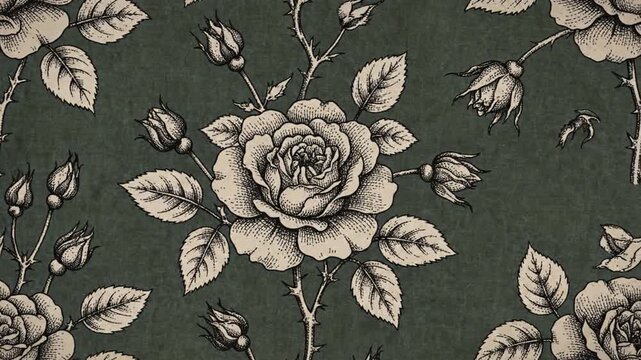 Continuous floral motif featuring backyard bloom bouquet set on versatile backdrop, classic antique etching or monochrome charcoal sketch illustration, timeless botanical repeating ornament.