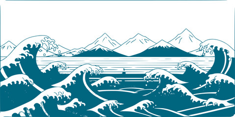 Obraz premium Vector illustration landscape. Japanese wave pattern. Mountain background. Asian style. Sea backdrop. Design for social media wallpaper, blog post template, card, poster. Ornament backdrop. Old paper
