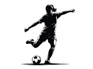 A silhouette of a female soccer player kicking a ball.