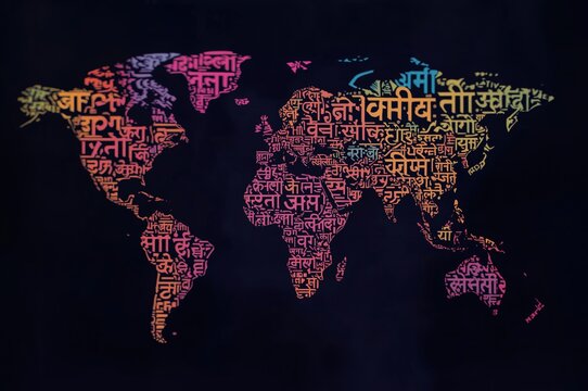 : World map filled with colorful hindi text, global language illustration
