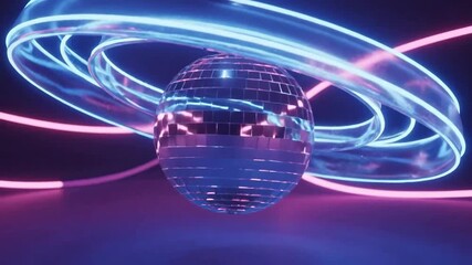 Disco Ball Reflecting Neon Lights With Swirling Blue And Pink Rings In A Dark Studio
