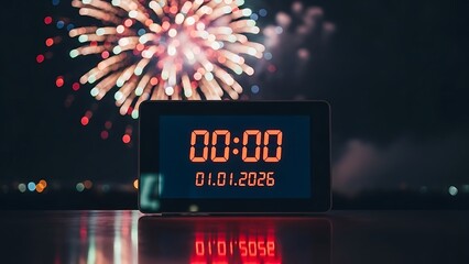 Digital clock countdown showing midnight on January 1st 2026 with colorful fireworks display, new year celebration concept with bokeh lights on dark background