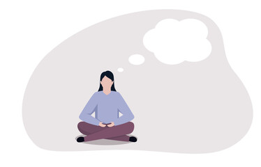 A woman sitting cross-legged in a meditative pose, with a blank thought bubble above her. It represents moments of reflection, mindfulness, or quiet contemplation, as she engages in inward focus.