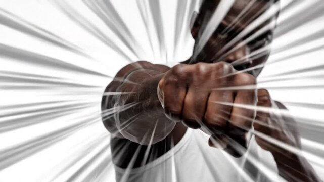 Masculine clenched palm thrust upward toward sky symbolizing struggle and triumph, isolated on blank ivory backdrop, powerful human gesture representing strength and resistance.