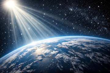 Bright sunlight rays shining over the blue atmosphere of planet earth with white clouds and a dense field of stars in the background