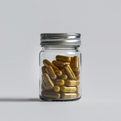 premium product photo of vitamin capsules in a glass jar with metallic lid, white background