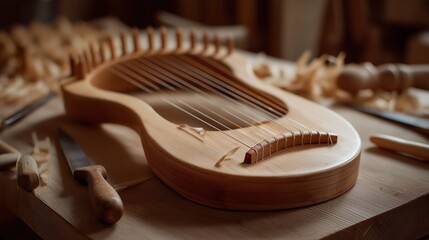 Handmade wooden lyre on a workbench