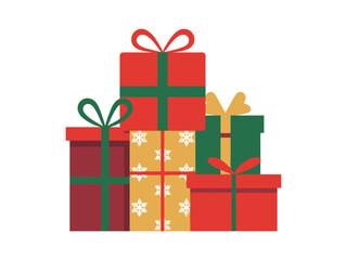 A festive pile of brightly colored gift boxes tied with ribbons for the holidays.