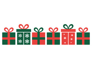A row of festive Christmas gift boxes with red and green wrapping paper.