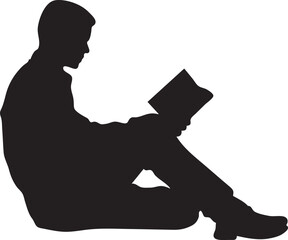 Silhouette of Young Man Reading a Book While Sitting on the Floor Isolated on White Background