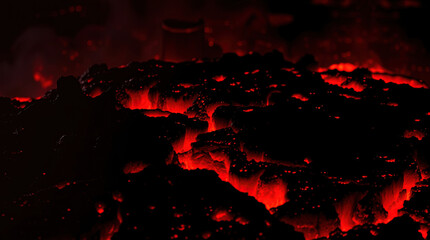 Molten lava flowing in a volcanic landscape with glowing red hues  