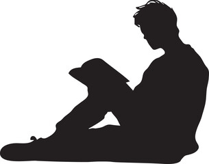 Silhouette of Person Reading a Book While Sitting on the Floor Isolated on White Background