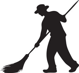 Silhouette of Street Cleaner Sweeping the Ground with a Broom Isolated on White Background