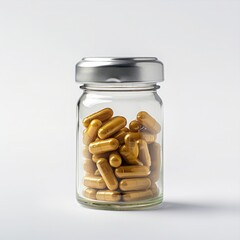 premium product photo of vitamin capsules in a glass jar with metallic lid, white background