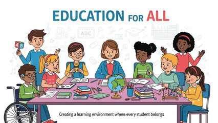 Diverse group of children learning together representing education for all with inclusivity and accessibility ideal for school or social awareness campaigns