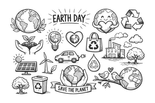 Earth Day and environment protection doodle icon set in black and white hand drawn vector style featuring recycling, nature, and sustainability symbols