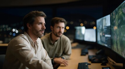 Hydropower dam technicians overseeing energy distribution control panels, water flow graphics shifting as turbines spin at full capacity — renewable generation, resource management, and national