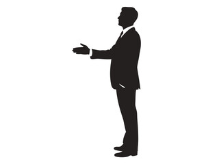 A businessman extends his hand in a welcoming gesture against a white background.