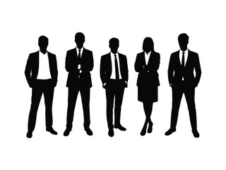 Five diverse business people stand in a line, silhouetted against a white background.