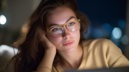 A student studying late at night with laptop glow reflecting on their glasses, highlighting focus, determination, and quiet academic dedication — digital reflection close-up, modern learning