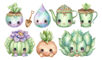 Adorable Kawaii Garden Helpers with Gemstudded Pots and Sparkling Details