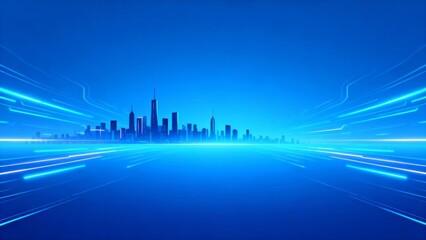 Futuristic city skyline with blue light trails