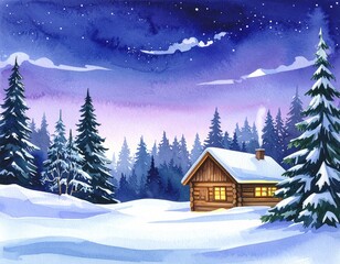 Fototapeta premium hand drawn watercolor painting of winter cabin in the woods. landscape painting with 