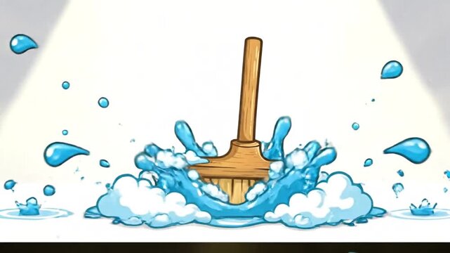 Dynamic Wet Cleaning: Cartoon Broom Immersed in Splashing Water and Bubbles Illustration