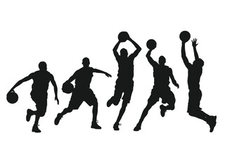 Basketball players in silhouette performing various actions on a white background.