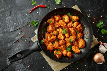 Delicious chicken curry cooking in a frying pan, garnished with fresh parsley, on a dark background with spices and herbs