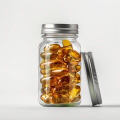 premium product photo of vitamin capsules in a glass jar with metallic lid, white background