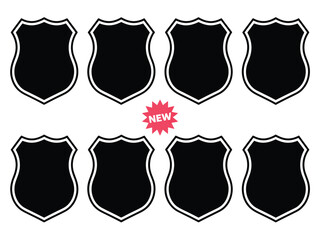 Eight blank shield badges are arranged in two rows on a white background.