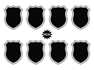 Eight blank shield emblems are arranged in two rows with a "NEW" starburst in the center.