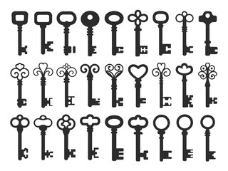 A diverse collection of antique and ornate keys are displayed in silhouette.