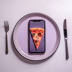 Smartphone on Dinner Plate Displaying Pizza Slice, Modern Food and Technology Concept.