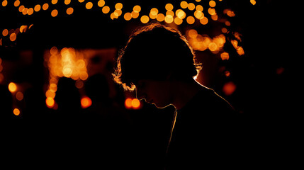 A silhouette in dim light with a faint glow, creating a mysterious and atmospheric mood.