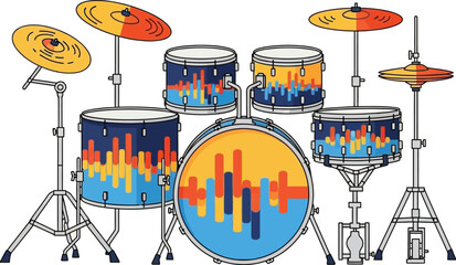Vibrant drum set with colorful sound wave patterns on each instrument