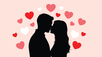 Romantic couple sharing a tender kiss surrounded by floating hearts