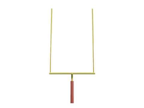 A gold goalpost stands on a white background with a brown base.