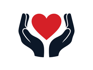 Two cupped hands protectively hold a bright red heart symbol.