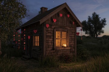 Long Title: Cozy log cabin decorated with heart garland at dusk, romantic getaway scene